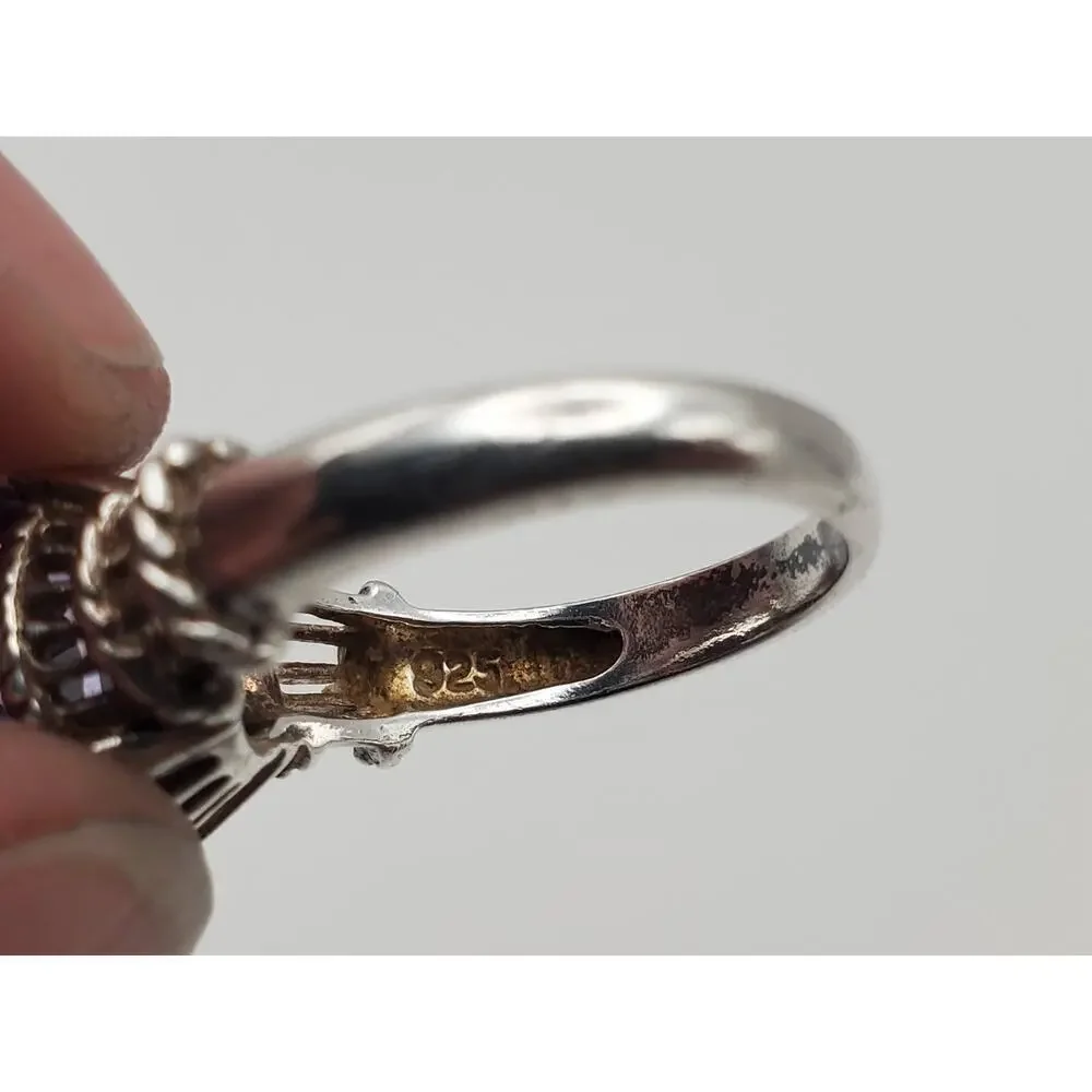 925 Sterling Silver Vintage Emerald-Cut Purple CZ Ring Size 8